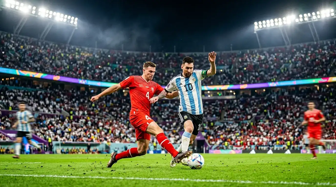 Argentina's Lionel Messi in the classic blue-and-white jersey under stadium floodlights, ball at his feet