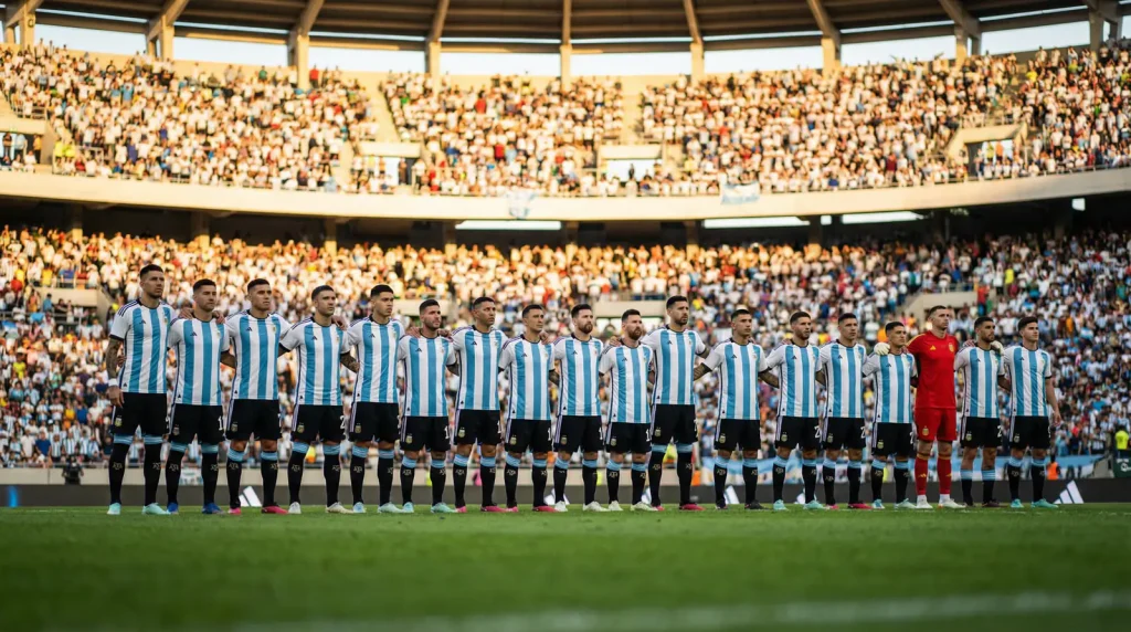 Argentina national football team squad in their iconic blue and white stripes preparing for the 2026 World Cup defence