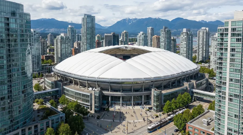 BC Place stadium in Vancouver with retractable roof and World Cup 2026 branding