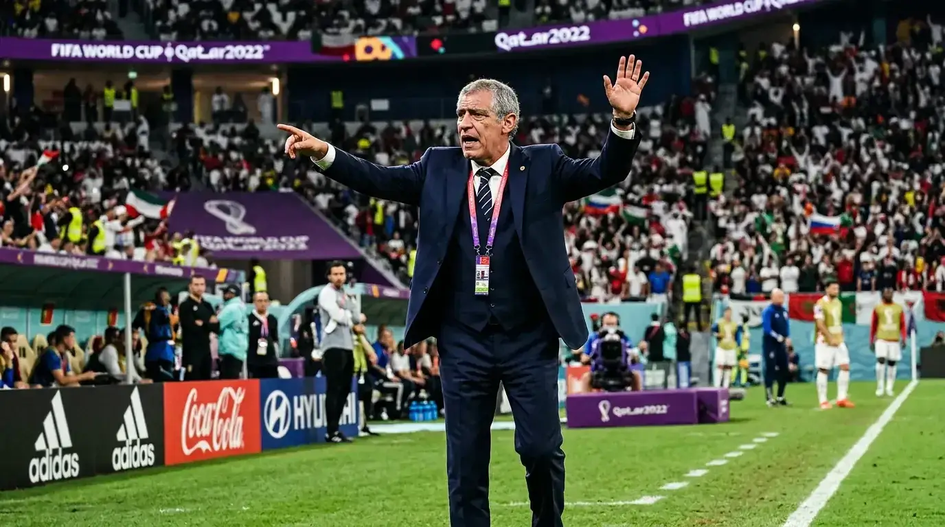 A football coach giving tactical instructions on the touchline during a World Cup match