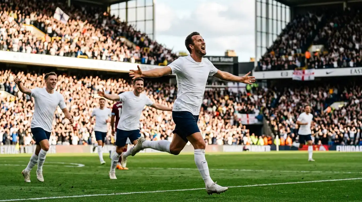 Football players celebrating a goal in a stadium during a high-scoring match under afternoon sun