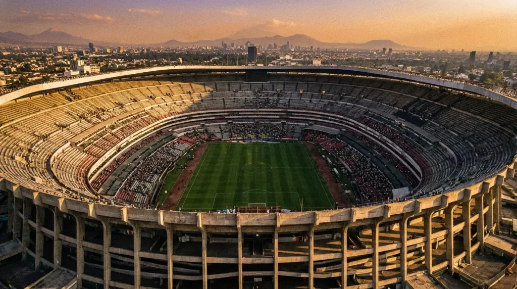 Estadio Azteca in Mexico City with World Cup 2026 opening match branding on the facade