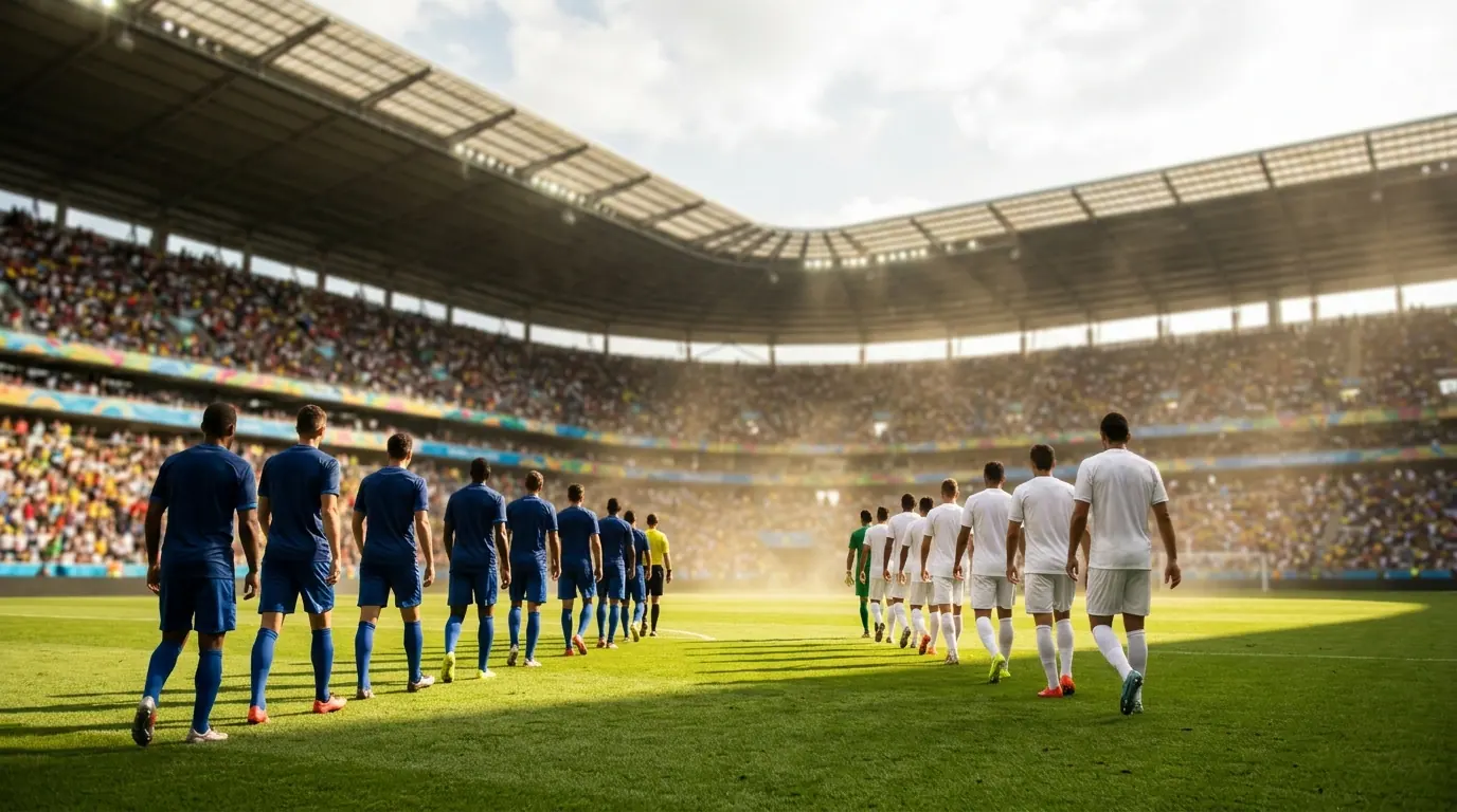 Two football teams in blue and white kits walking out onto a sunlit open pitch in a hot humid stadium