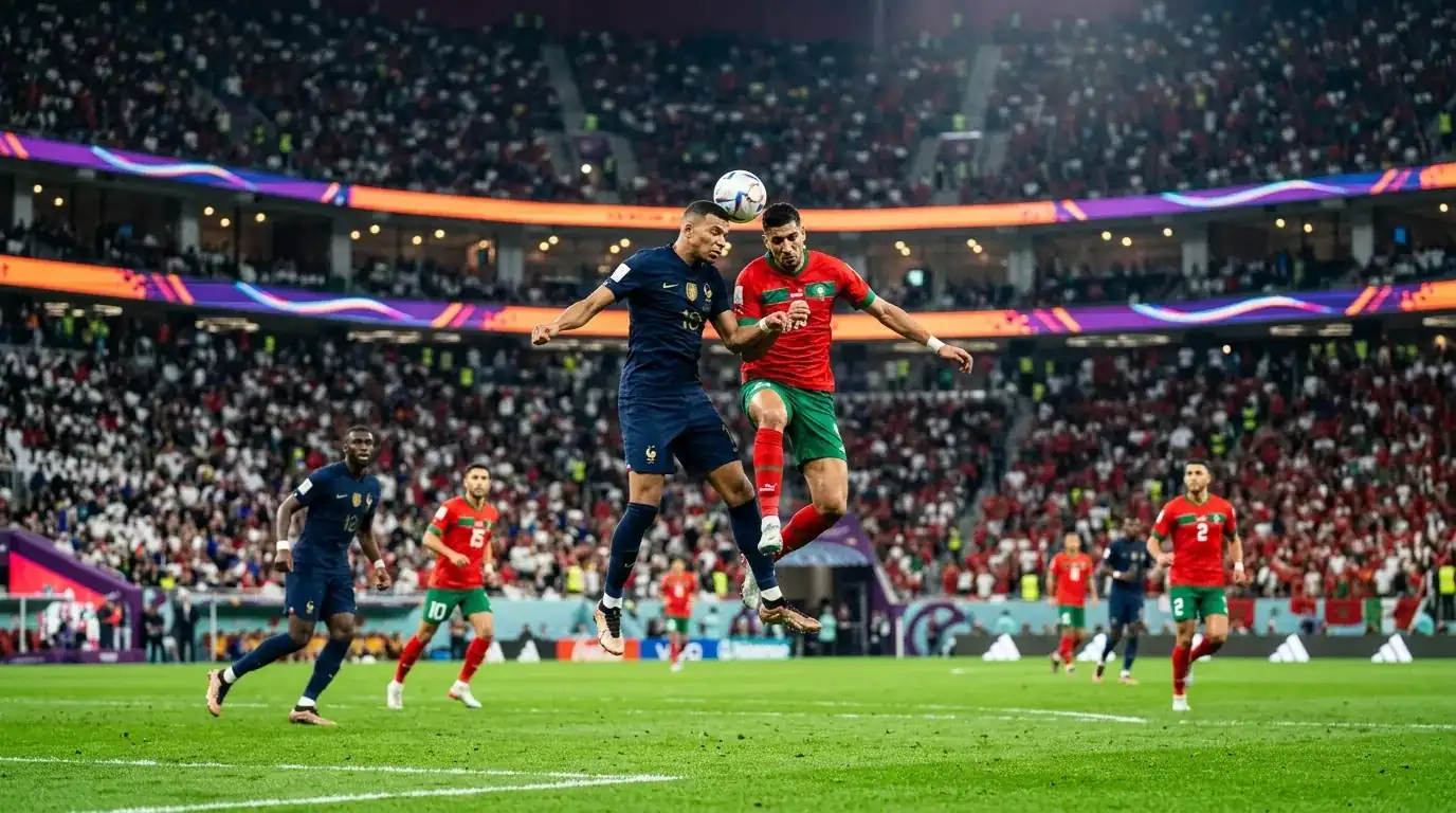France and Morocco players in a tense match-up at a floodlit stadium with fans in the stands