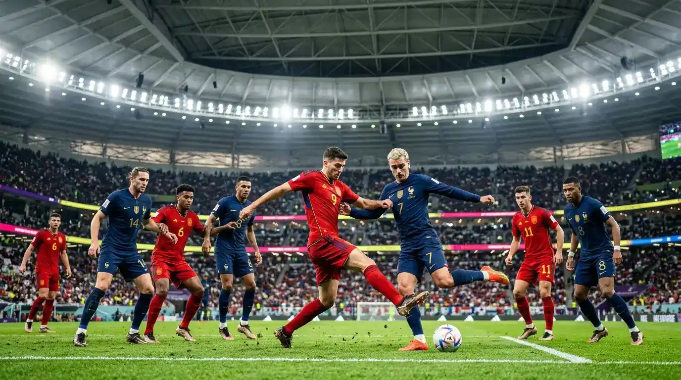 France and Spain players contesting the ball at a modern floodlit stadium with a large crowd