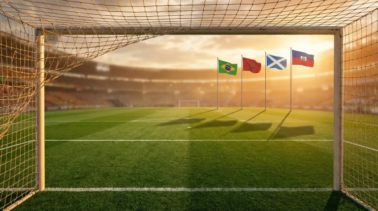 World Cup 2026 Group C featuring Brazil, Morocco, Scotland and Haiti national team crests on a tournament backdrop