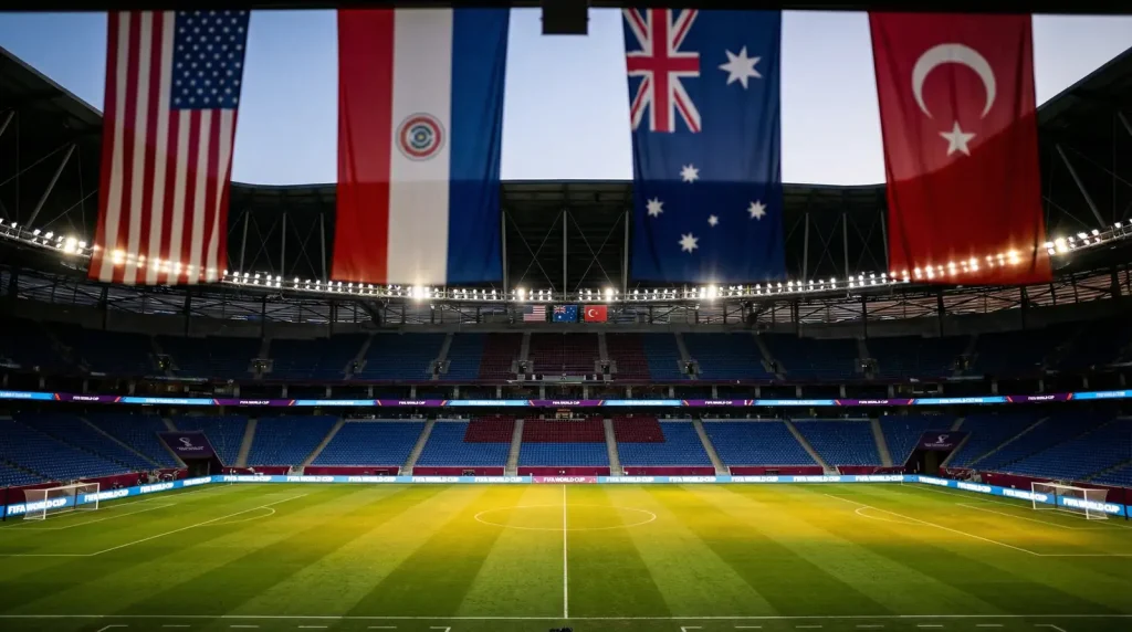 World Cup 2026 Group D preview featuring USA, Paraguay, Australia and Turkey flags with stadium backdrop