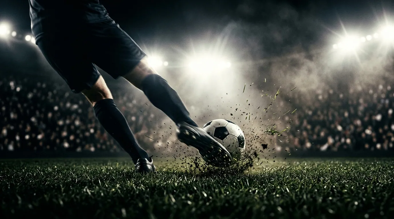A football boot striking a ball on a floodlit pitch, viewed low to the ground