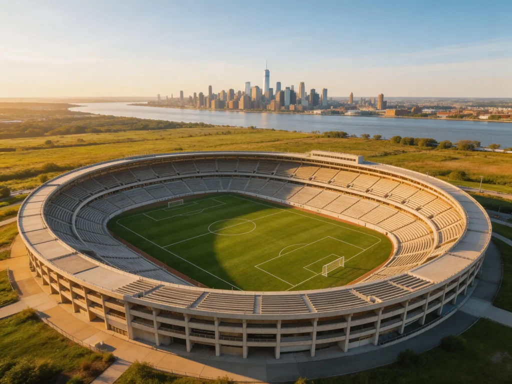 MetLife Stadium in East Rutherford New Jersey aerial view ahead of World Cup 2026 final