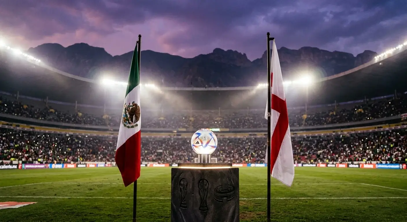 Mexico and England national flags beside a World Cup match ball inside a vast high-altitude stadium at dusk