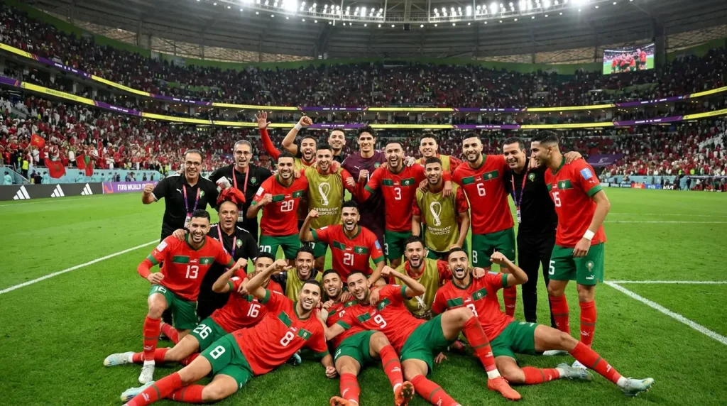 Morocco national football team Atlas Lions celebrating their historic 2022 World Cup semi-final run