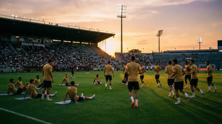 Football players in gold jerseys warming up on a pitch before a World Cup group stage match