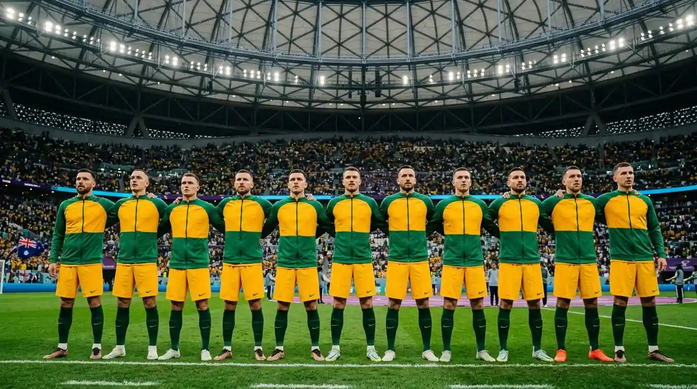Australian Socceroos players in green and gold lining up for a World Cup knockout match