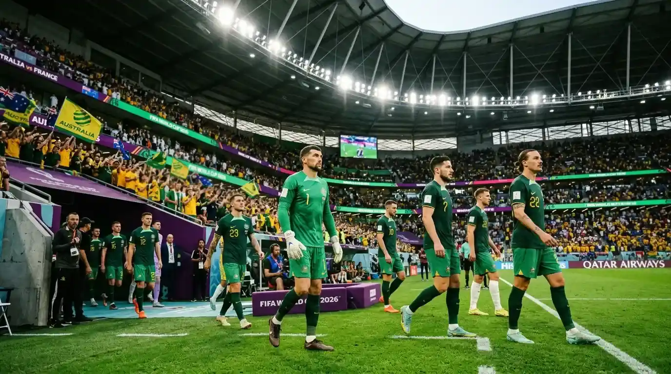 Socceroos players walking out for a World Cup knockout match under stadium floodlights