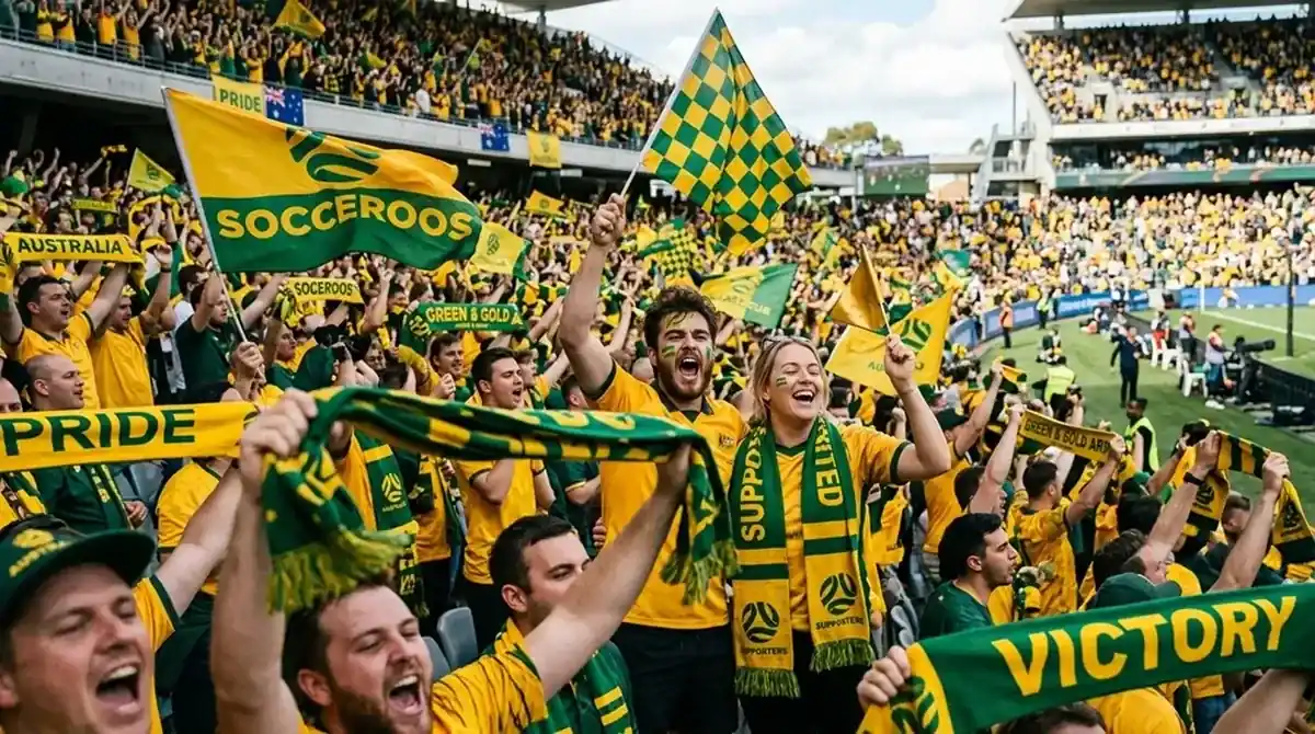 Australia Socceroos fans in green and gold celebrating in the stands at a World Cup match