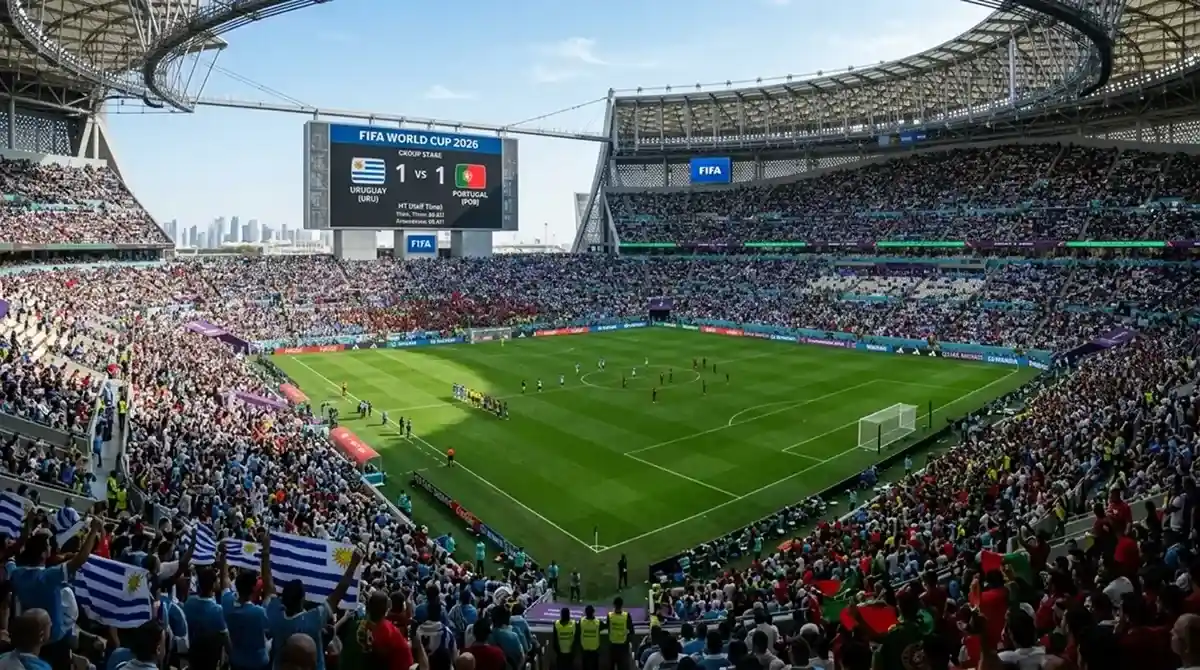 A football stadium scoreboard and pitch under bright daylight during a World Cup group match