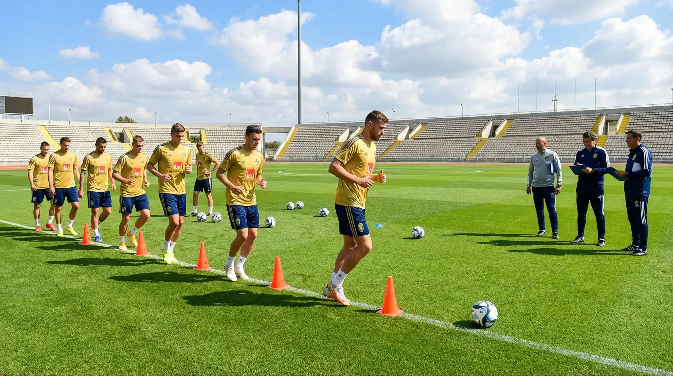 National football team squad in gold jerseys during a training session on a green pitch with cones and footballs