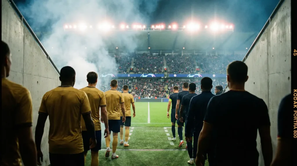 Australian football players in gold jerseys walking onto a stadium pitch for an international match