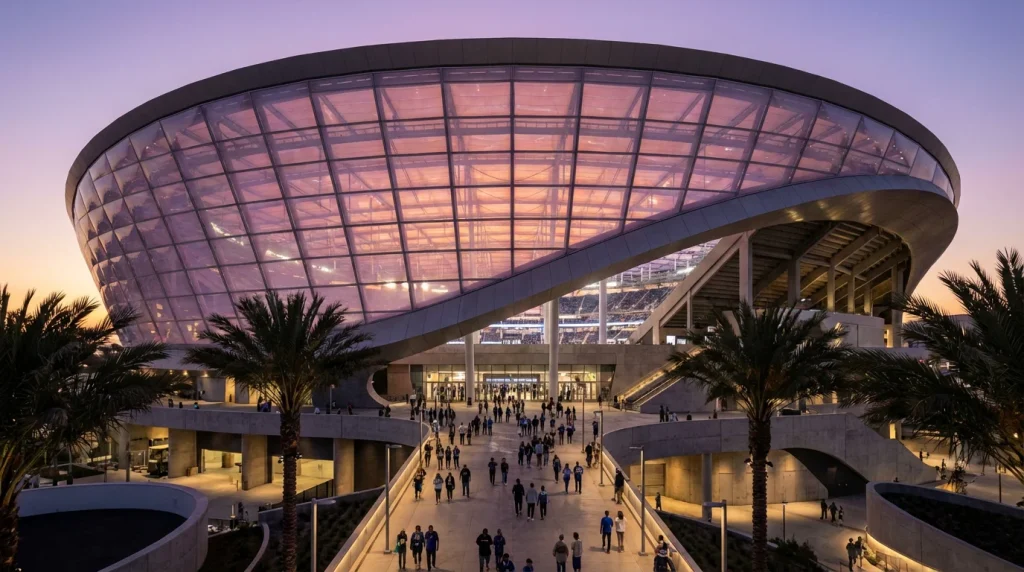 SoFi Stadium exterior in Inglewood Los Angeles lit up at night ahead of World Cup 2026