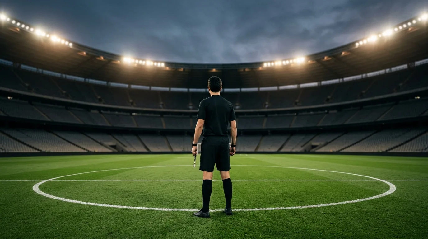 A football referee holding a whistle standing on a floodlit pitch in an empty stadium