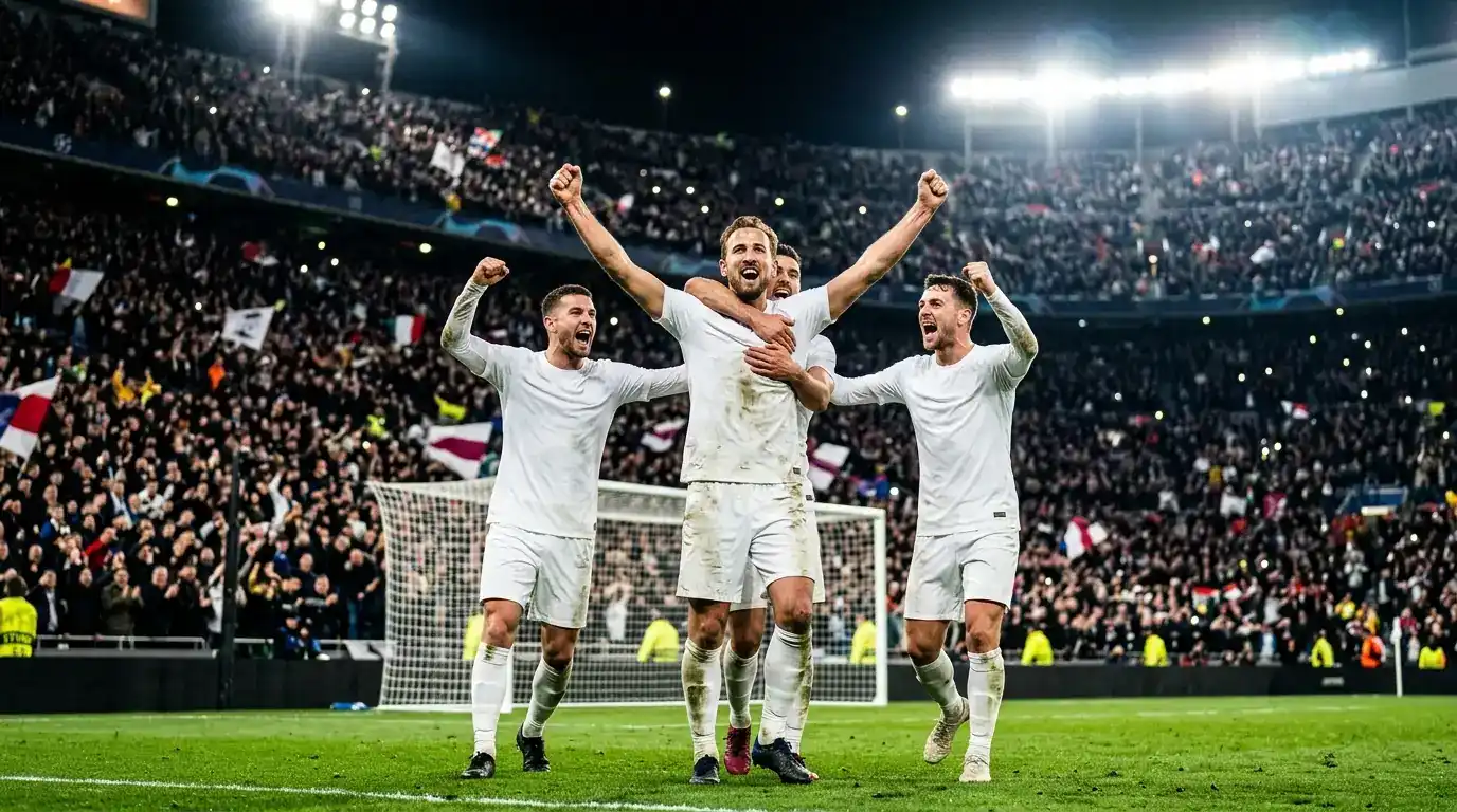 England players celebrate an extra-time winner at a packed floodlit World Cup stadium