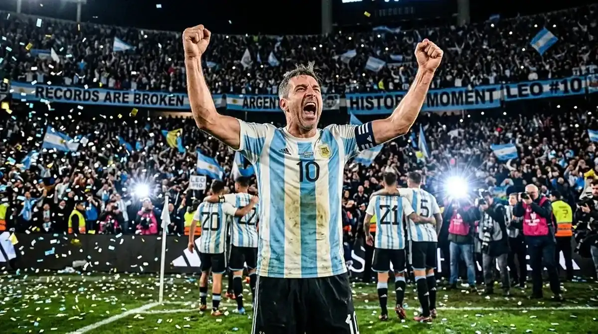 Lionel Messi celebrating a record-breaking World Cup goal in front of a packed stadium