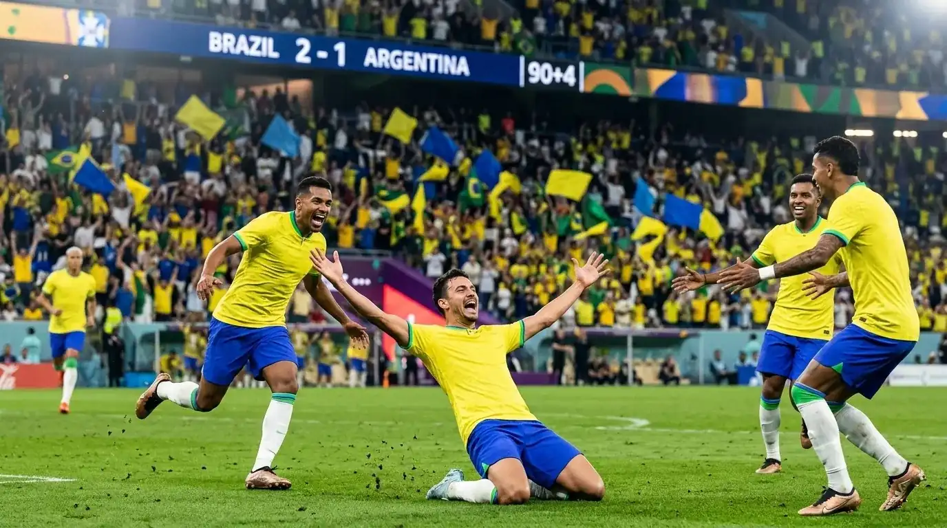 Brazilian players celebrating a stoppage-time winner at a packed floodlit World Cup stadium