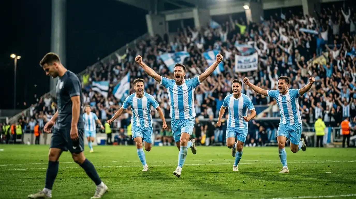 Football players celebrating in front of a packed stadium crowd under floodlights