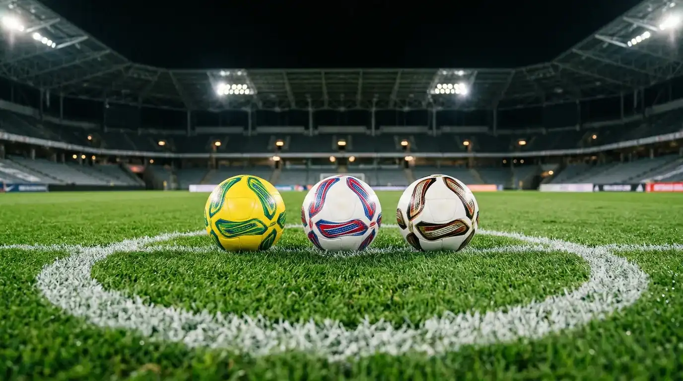 Three footballs lined up on a green pitch under stadium floodlights ahead of a World Cup matchday