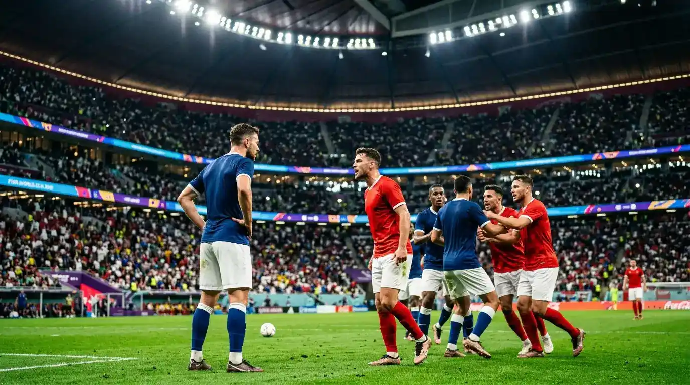 France and Spain players in a tense semi-final match-up at a floodlit indoor stadium