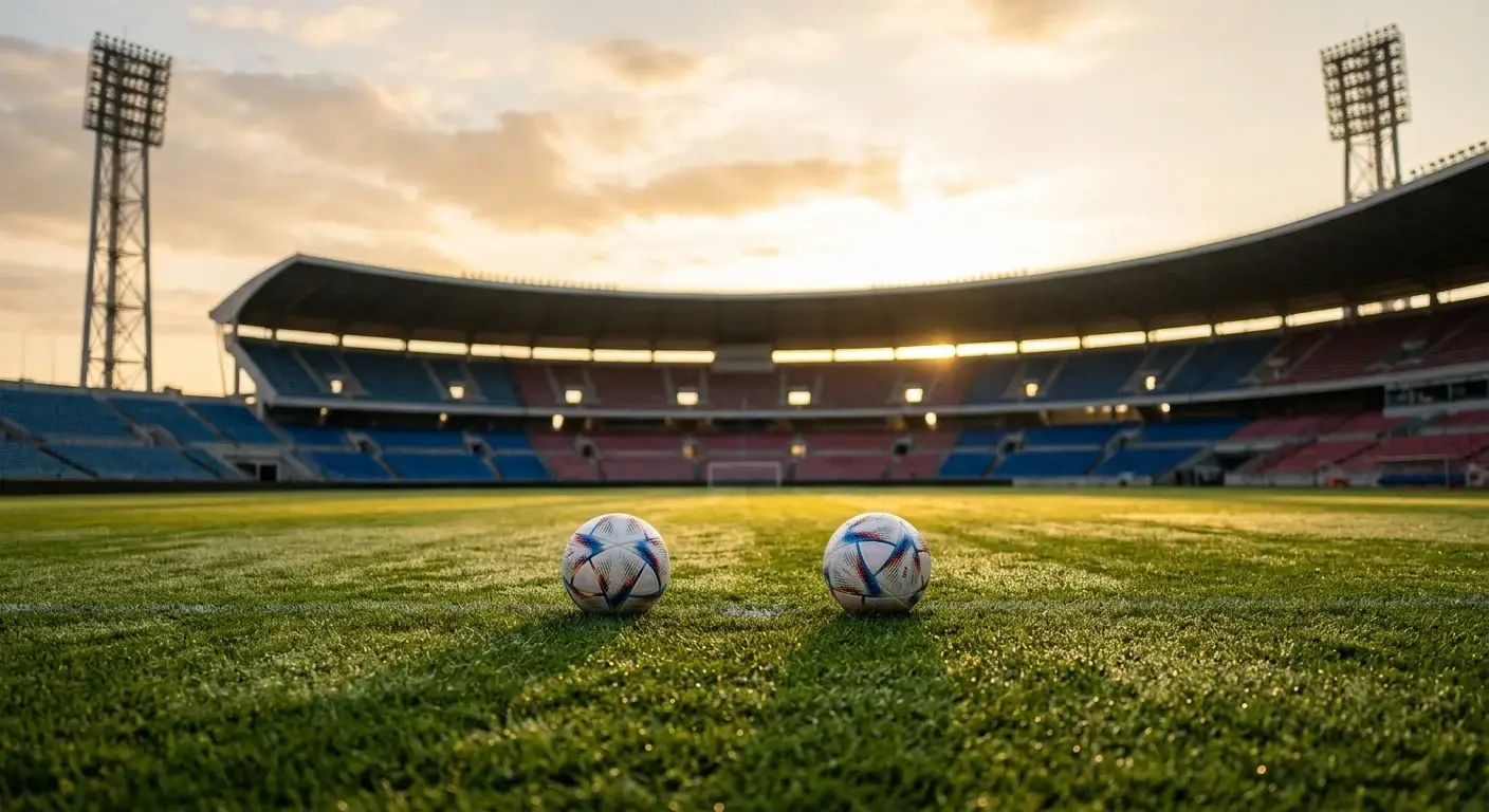 Two footballs on a floodlit pitch at dawn ahead of a World Cup knockout matchday
