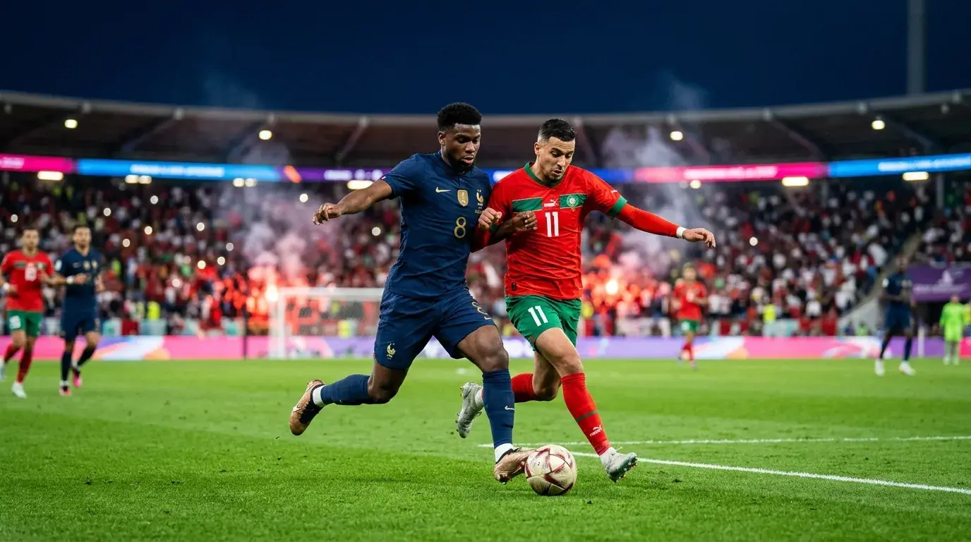 France and Morocco players in a tense match-up at a packed floodlit stadium under night sky