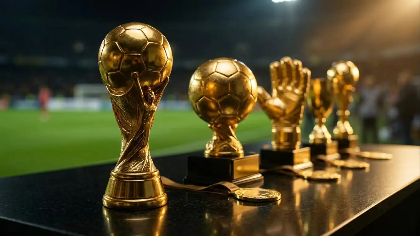 Assorted golden football trophies and medals displayed on a table under warm light