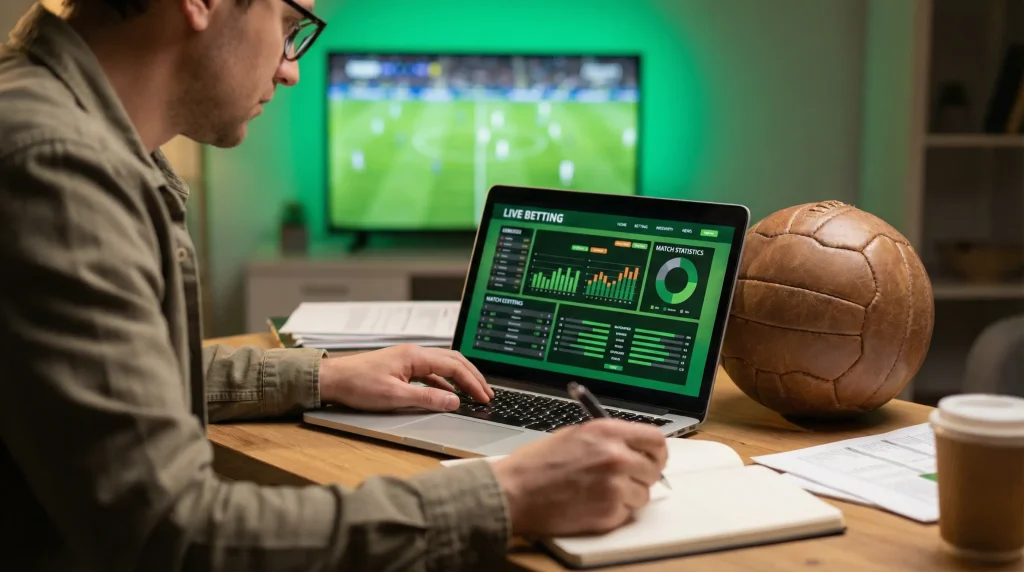 A punter reviewing betting account options on a laptop screen with a football match playing on the television in the background