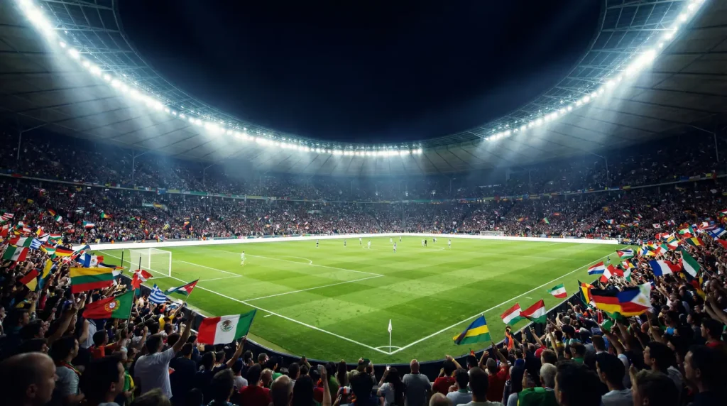 Stadium lights illuminating a packed football arena during a World Cup night match with fans waving national flags