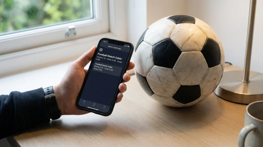 Close-up of a hand holding a smartphone with an Australian sports betting app displayed on the screen and a football on the desk beside it