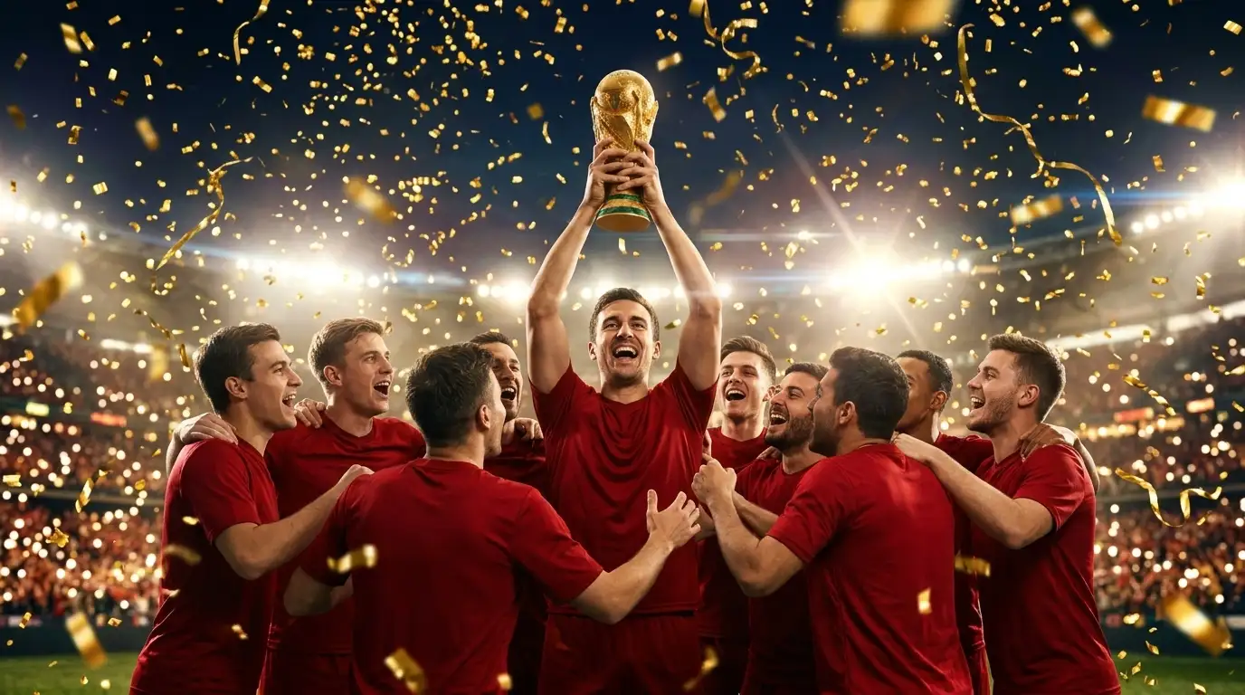 A football team lifting the World Cup trophy amid golden confetti in a packed stadium at night