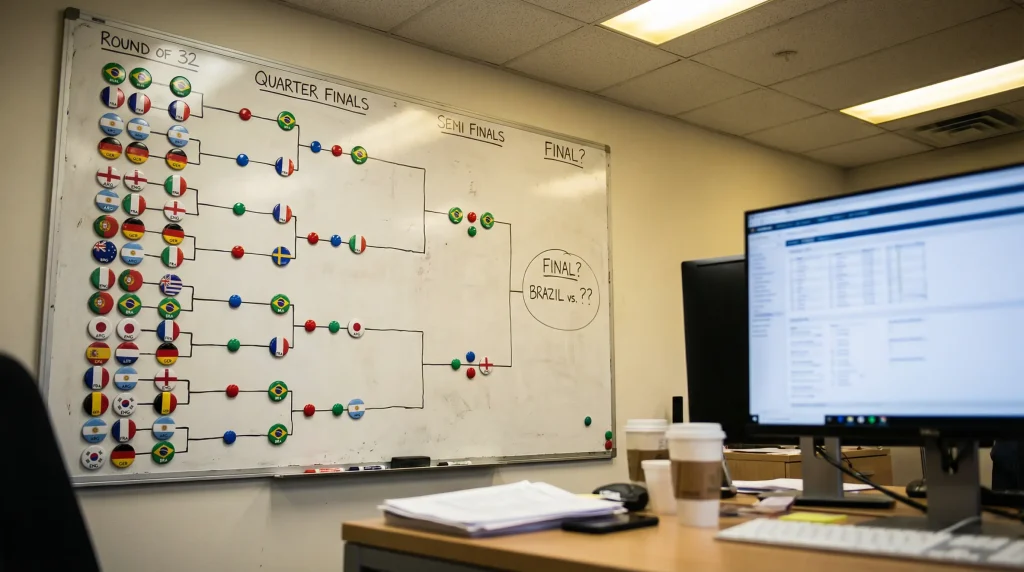 A tactical analysis board showing a projected World Cup knockout bracket with team badges arranged from the Round of 32 to the final