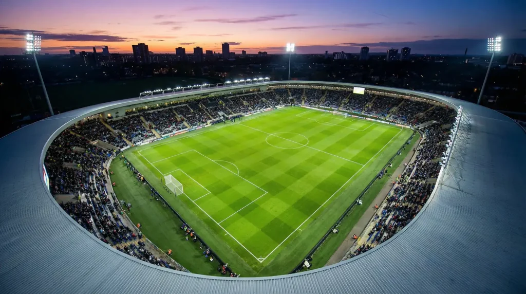 Aerial view of a brightly lit World Cup stadium at dusk with the pitch markings visible and the stands beginning to fill with supporters