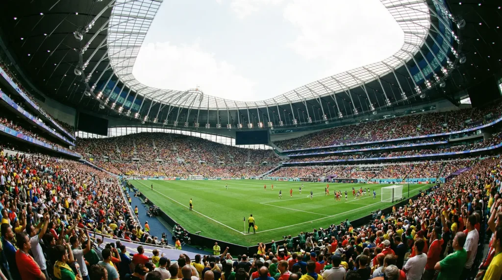 Wide angle photograph of a modern enclosed football stadium during a daytime World Cup group stage match with the retractable roof partially open