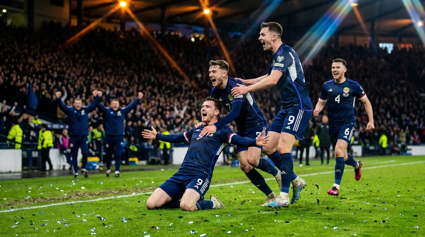 Football players celebrating a goal together on the pitch during an evening World Cup match with confetti falling from the stands
