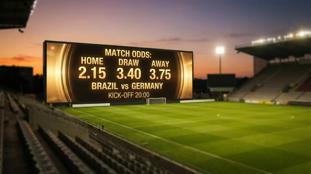 Football stadium scoreboard displaying match odds before a World Cup fixture at dusk