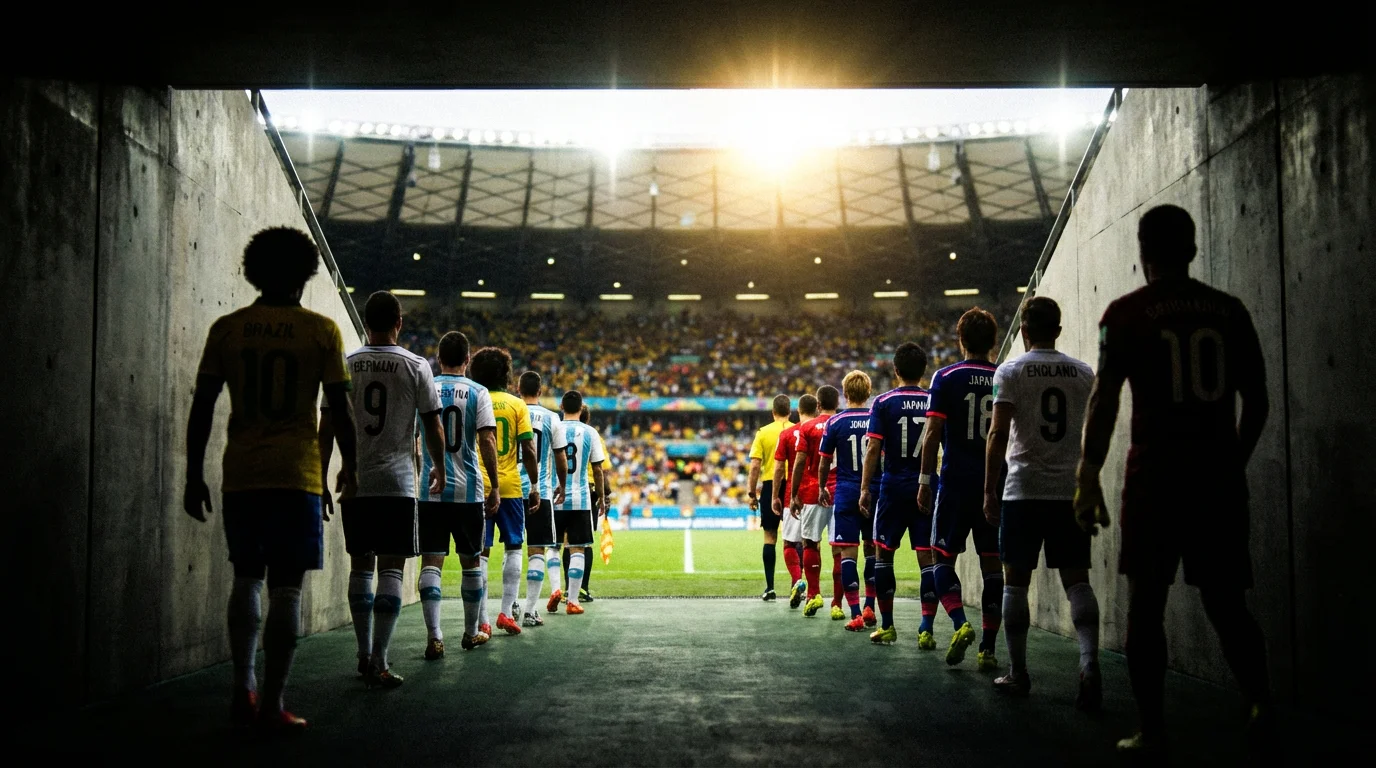 Football players walking out of the tunnel onto the pitch in two lines before a major international match under stadium lights
