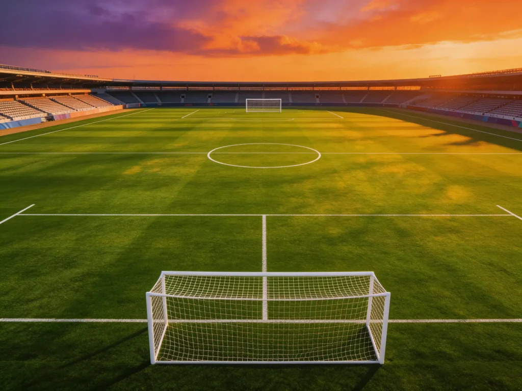 Empty football pitch at sunset with World Cup goal posts and tournament markings visible