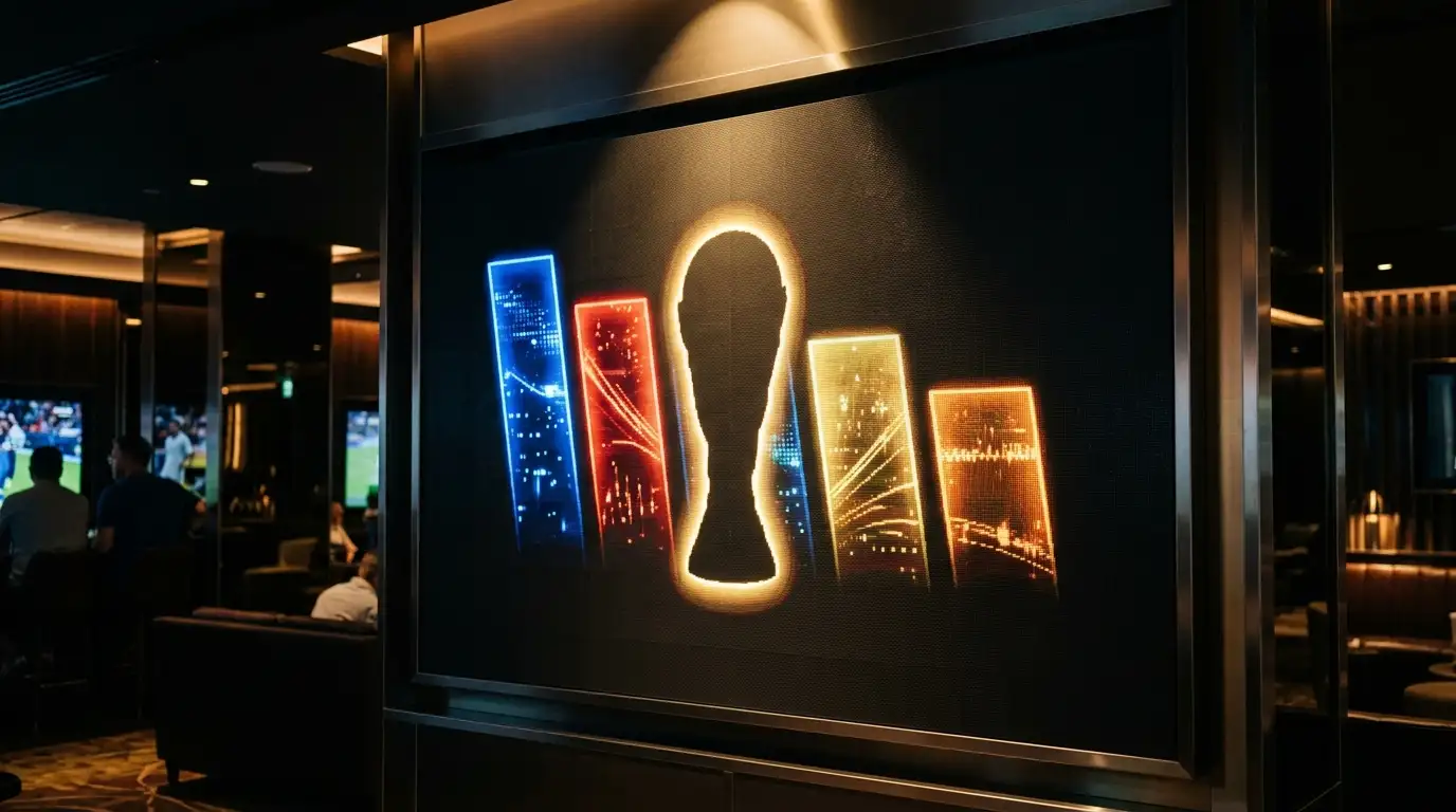 A World Cup trophy silhouette in front of a glowing odds board showing four descending bars