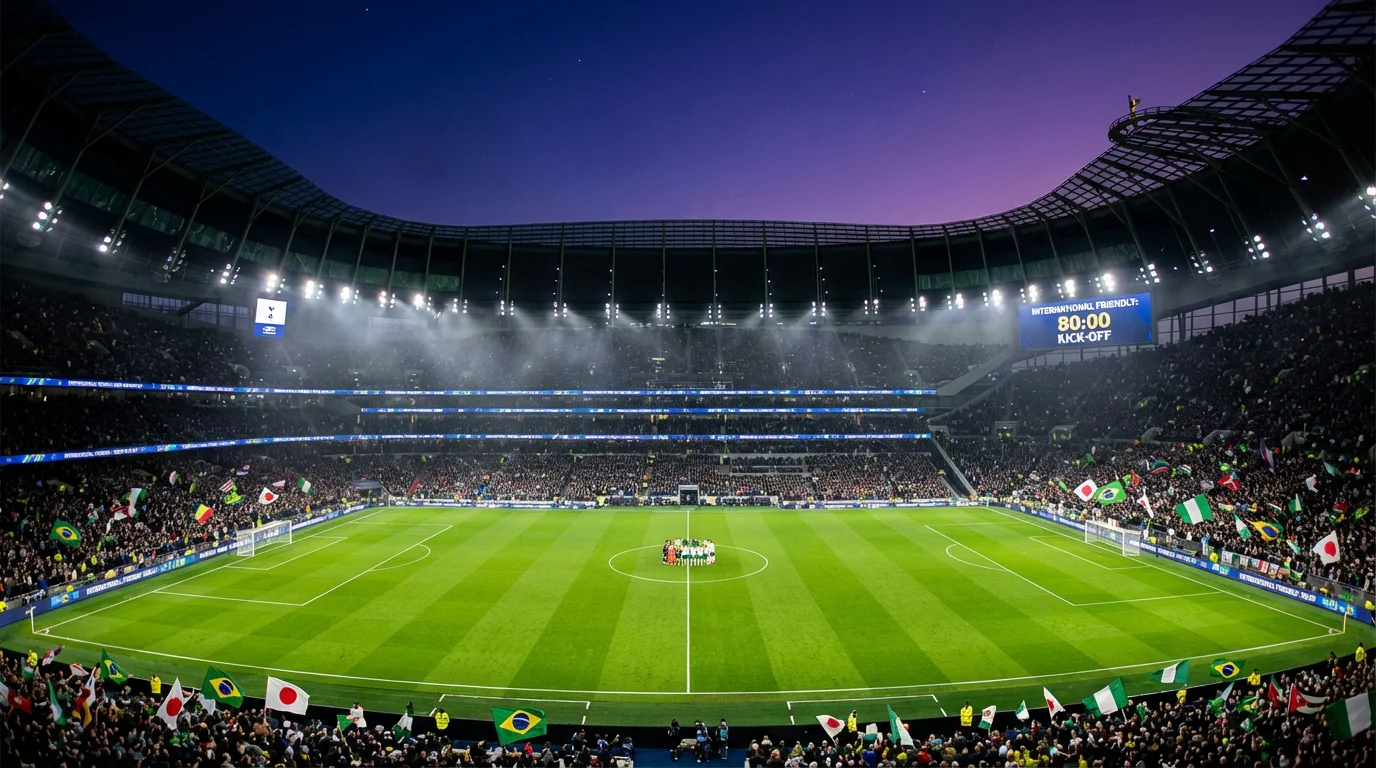 Panoramic view of a packed football stadium under floodlights during the 2026 FIFA World Cup with national flags in the crowd