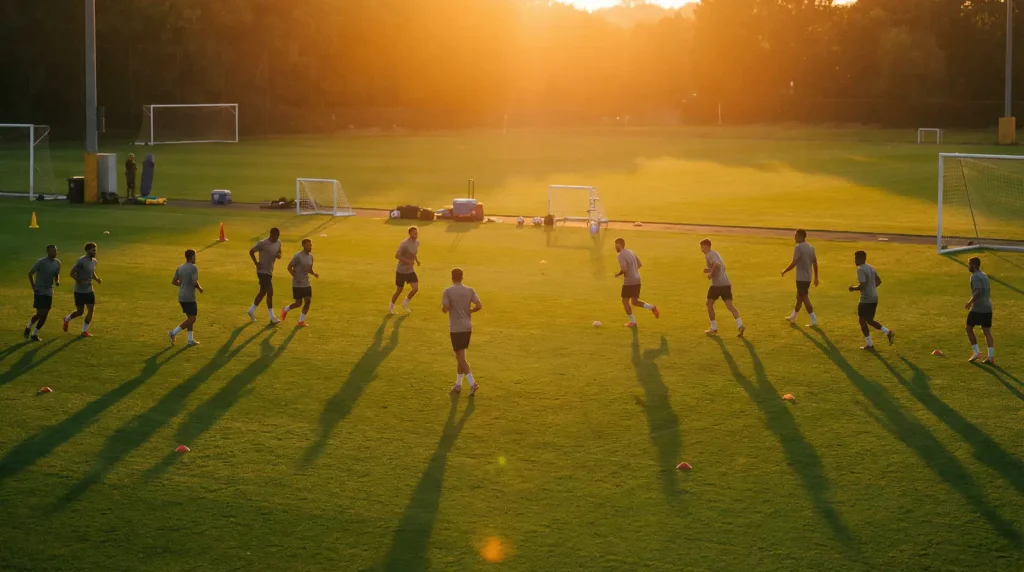 A training session at sunset with football players in unmarked jerseys running tactical drills on a pristine World Cup preparation pitch
