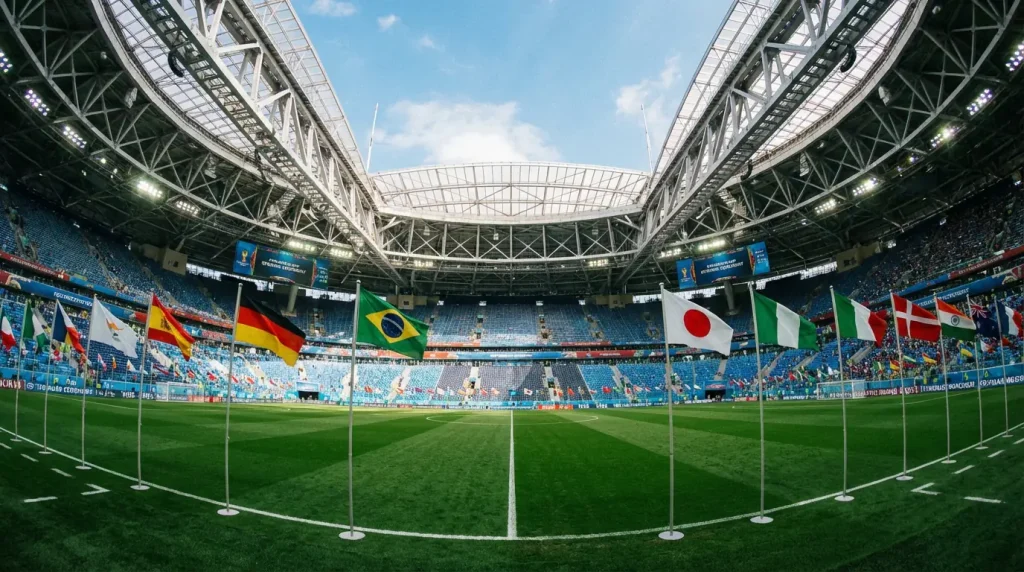 Panoramic view of a World Cup stadium with 48 national flags displayed around the pitch perimeter before the tournament opening ceremony