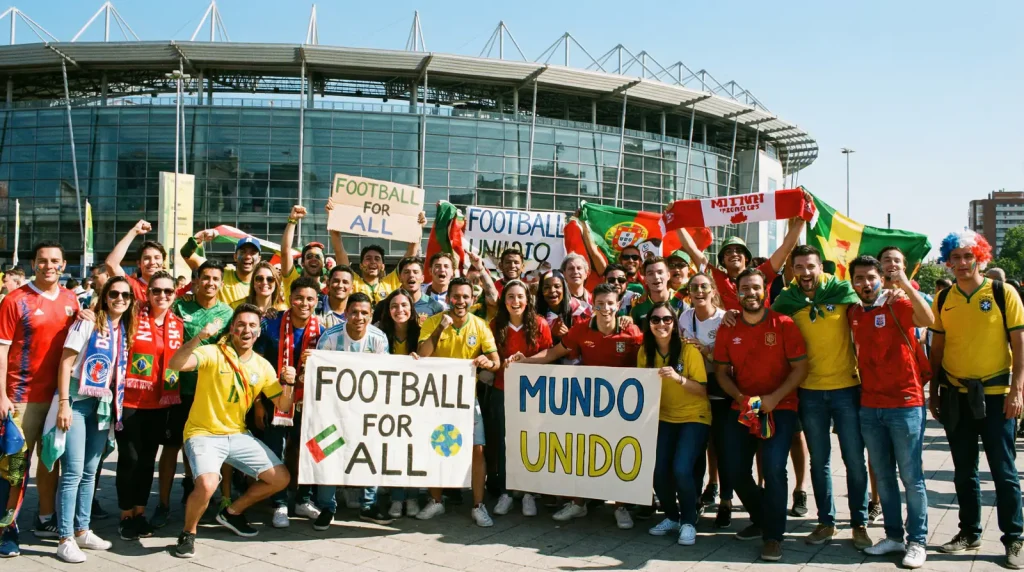 Football supporters from diverse nations gathering outside a stadium holding hand-painted banners and wearing colourful national team jerseys