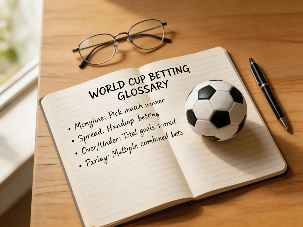 Betting glossary reference guide with football and odds terminology for World Cup 2026